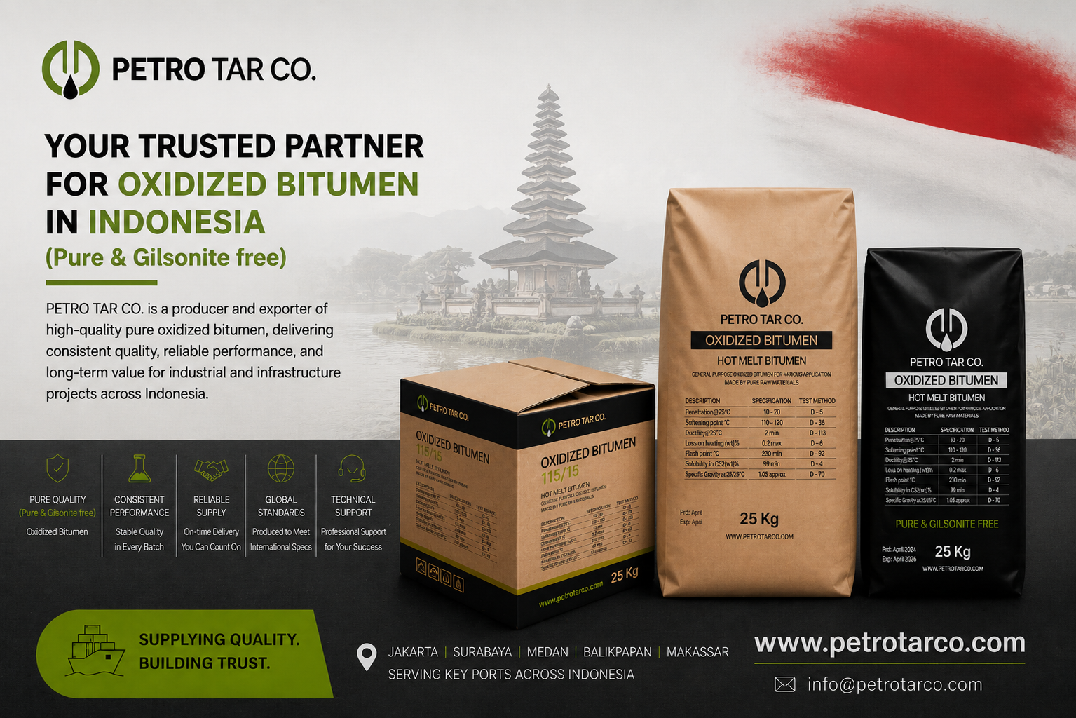 BITUMEN SUPPLIER INDONESIA, OXIDIZED BITUMEN SUPPLIER DIRECT FROM PETRO TAR CO. REFINERY, BLOWN_BITUMEN-INDONESIA, WATERPROOFING MEMBRANE INDONESIA, JAKARTA, SURABAYA, BLOWN ASPHALT INDONESIA, OXIDIZED ASPHALT INDONESIA, CARPET TILE BITUMEN, SEALANT BITUMEN, COATING ASPHALT, PIPE COATING , MARINE INDUSTRY , BITUMINOUS PAINT, CONSTRUCTION CHEMICAL, PETROCHEMICAL