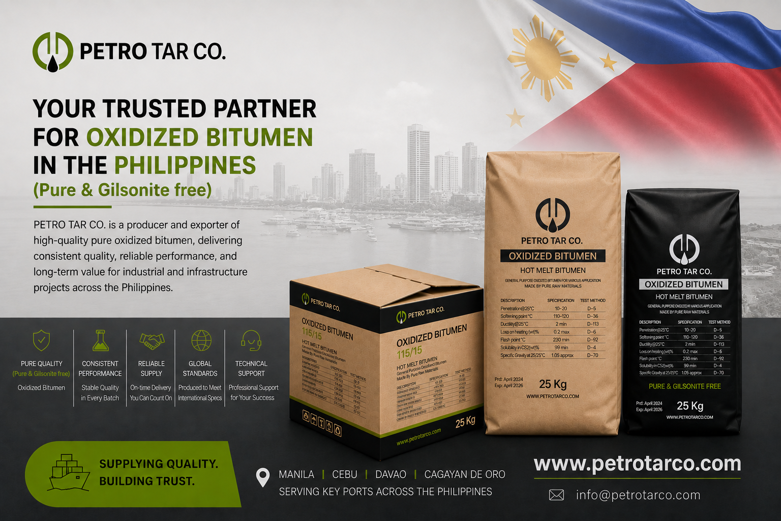 Oxidized Bitumen Supplier Philippines, Blown Bitumen, Blown asphalt, Oxidized Asphalt, Philippine, Manila, Cebu, Davao, Waterproofing membrane, Roofing, Material, Manufacturer, Waterproofing Bitumen, Industrial Bitumen, Iranian Oxidized Bitumen, Oksidong Bitumen, Supplier ng Oksidong Bitumen, Roofing Membrane Bitumen, Bituminous roofing sheet, Marine paint, Marine Industry, Phil Bitumen, Sealant Bitumen Philippine